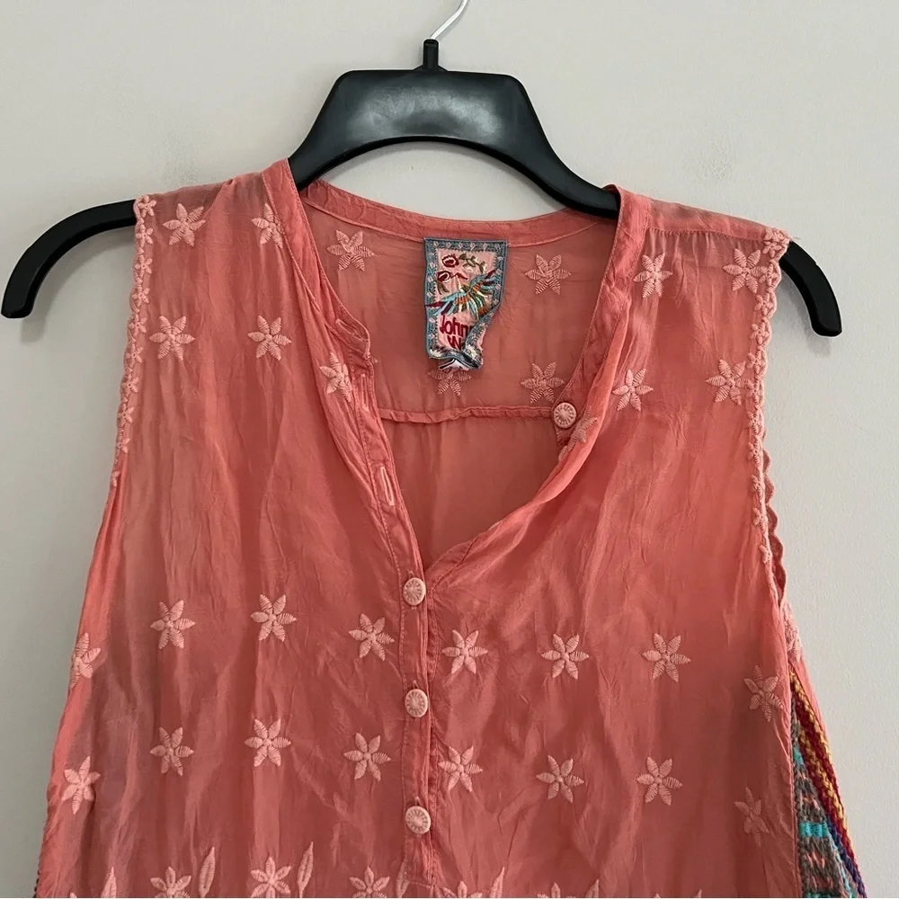 Johnny Was Embroidered Floral Boho Malin Tank in Coral, size XS